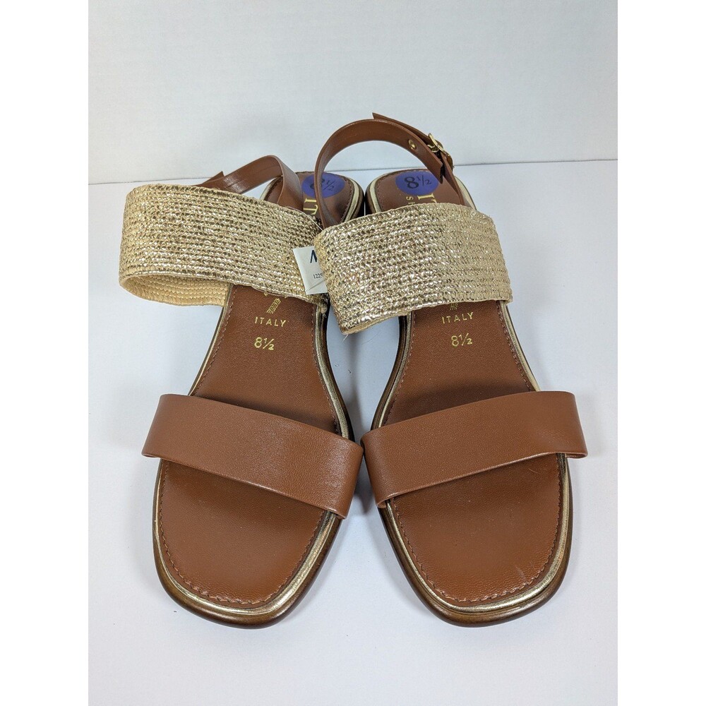 Women's Brown Leather & Gold Espadrille Wedge Sandals Size 8.5